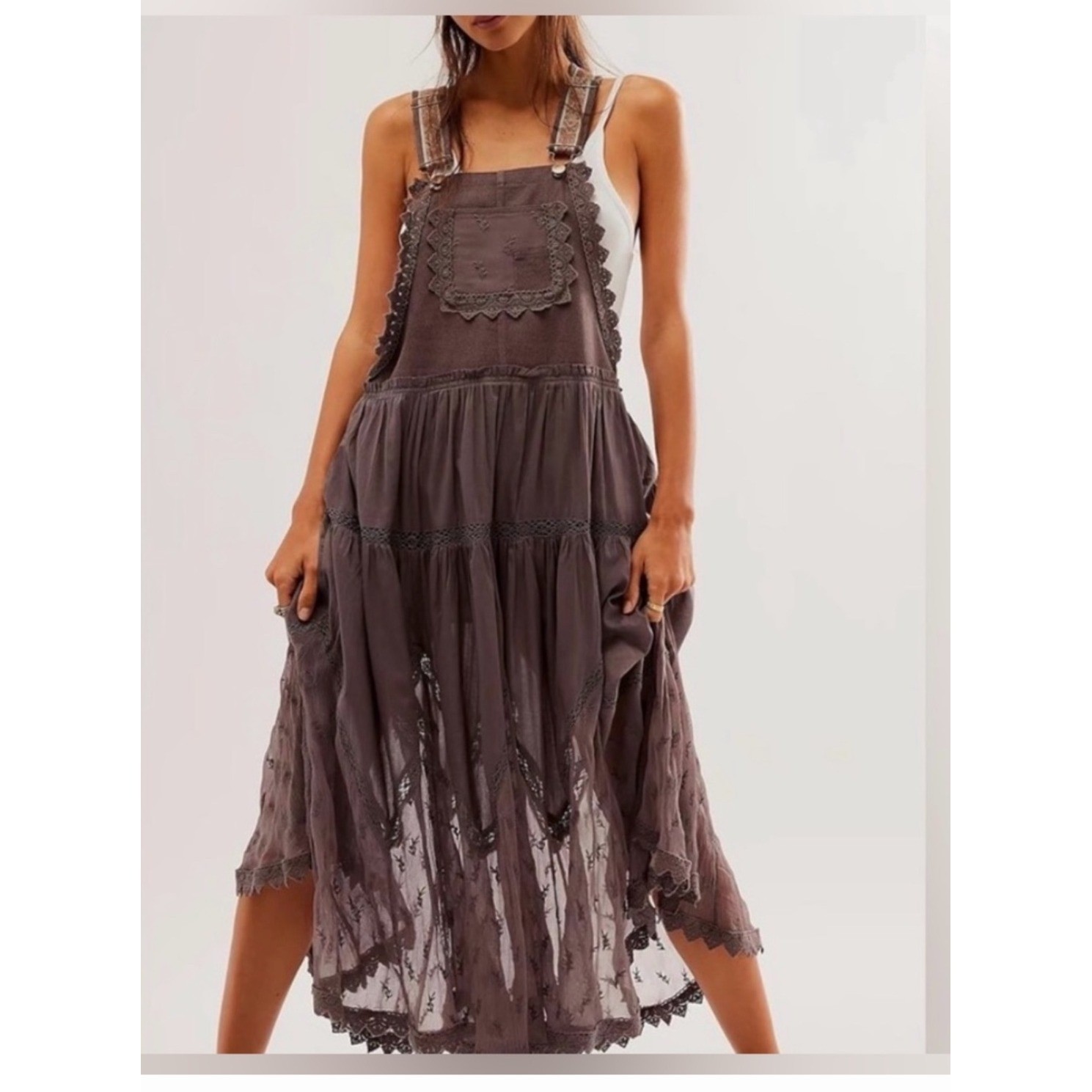 Womens Brown Tiered Lace Overall Dress Floral Embroidery Size S Whimsigoth Boho