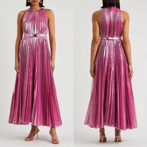 Christoper Kane Crystal Buckle Pleated Metallic Midi Dress Size 6 NWT Pink