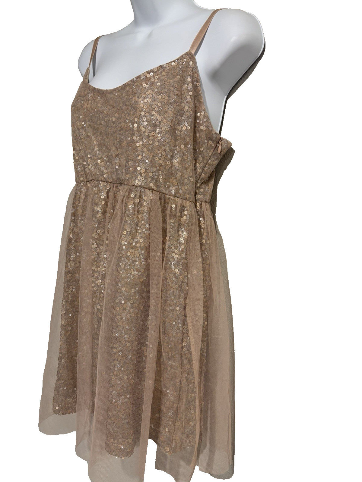 Blush Pink Sequin Tulle Overlay Mini Dress~Jr L~Empire Waist Balletcore Party