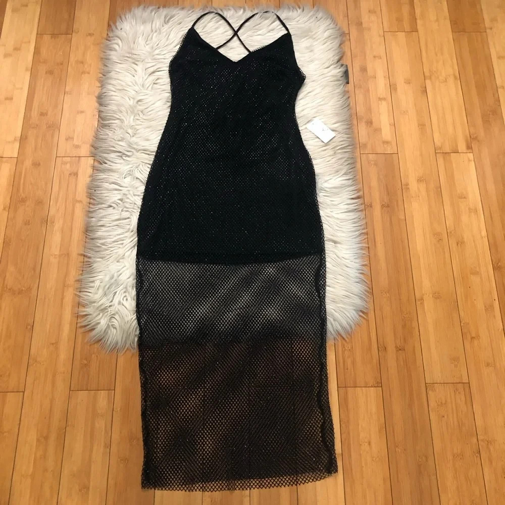 Windsor Good Vibes Fishnet Rhinestone Open Back Black Midi Dress L NWT