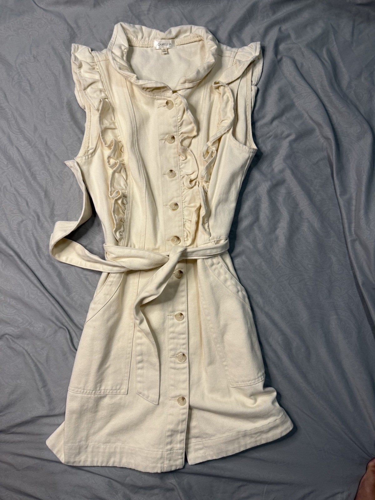 Camellia Women’s S Beige Denim Shirt Dress Sleeveless Button Ruffle Belt Pockets
