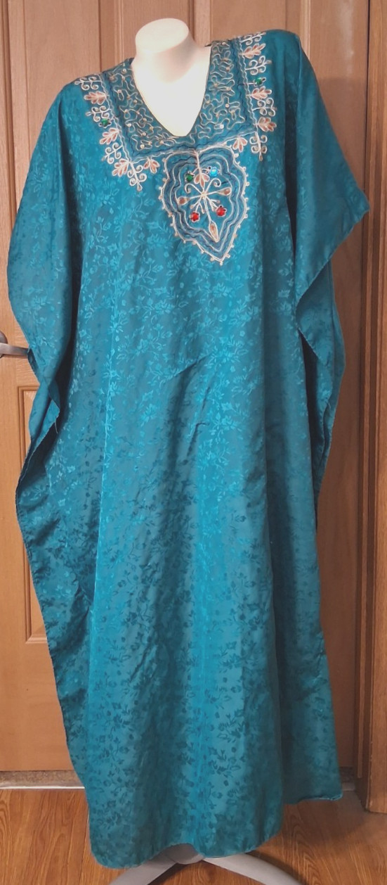 Sante’ Classics Blue-Green Brocade Caftan Embroidered and Beaded One Size