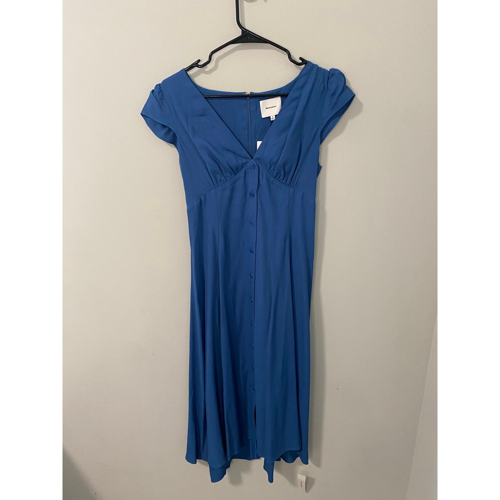 NWT Reformation Wilda Midi Dress Blue Button Front Cap Sleeve Size 6