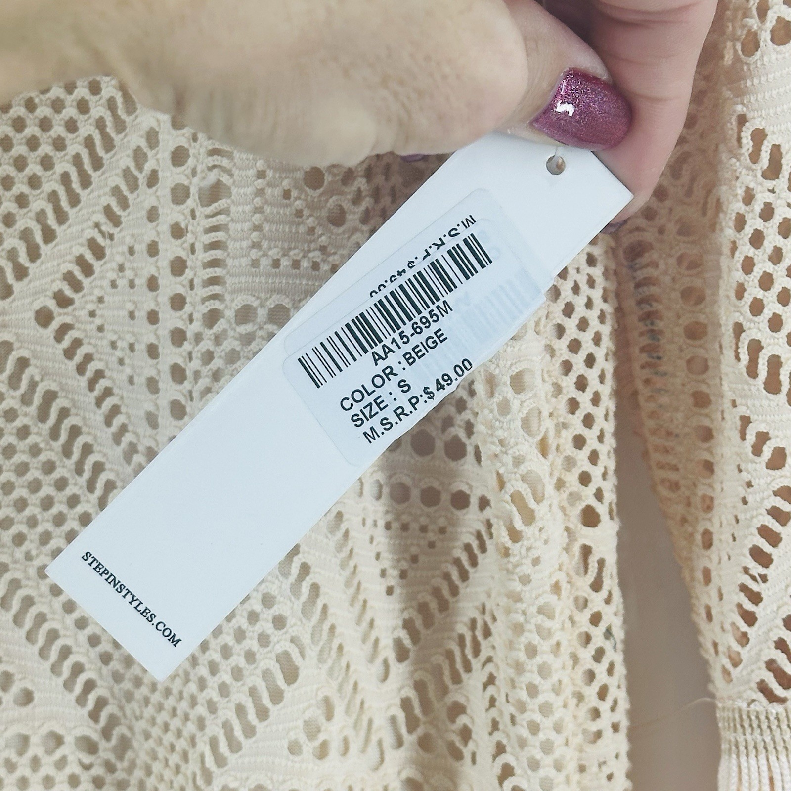 NWT Step In Style Dress Cream Beige Sz S Crochet Tunic Dress Boho AB12