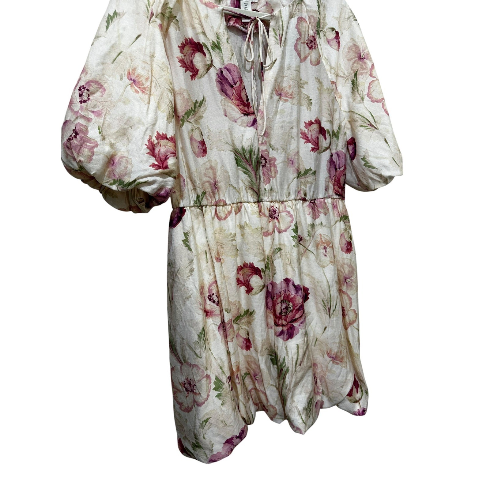 H&M Floral Linen Blend Puff Sleeve Mini Dress Cream Pink Cottagecore Womens M