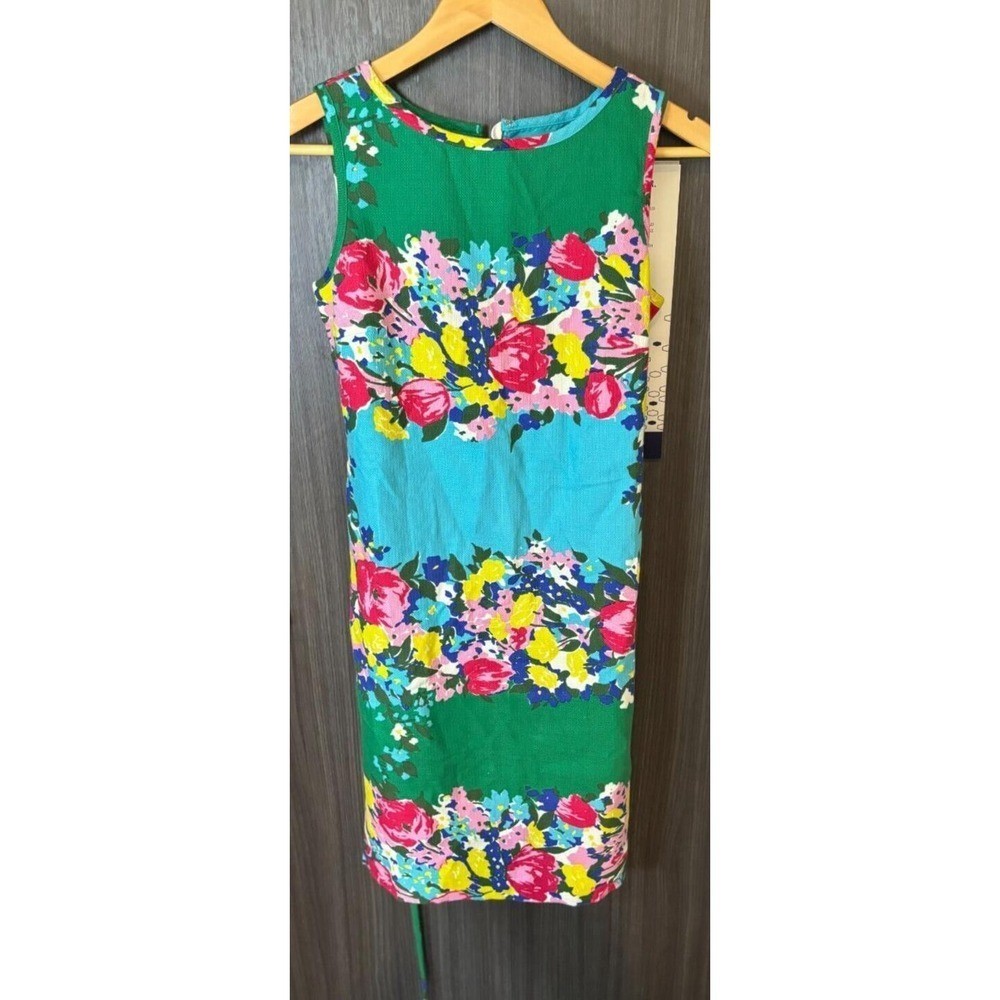 Talbots Sheath Dress Women’s 6 Petites Blue Floral Cotton Tie Waist Round Neck