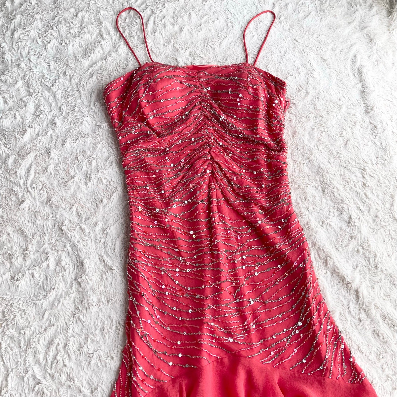 Scala coral pink 100% silk ruffle hem slip dress gown prom beaded sequin formal