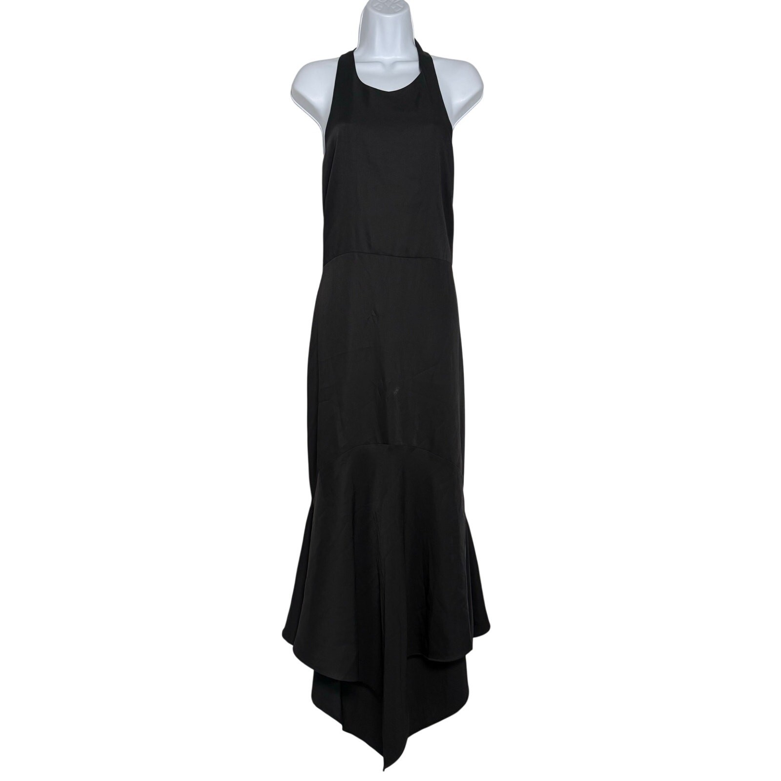 BELLE Badgley Mischka Elynne Asymmetrical Hem Halter Neck Bow Tie Black Gown 14