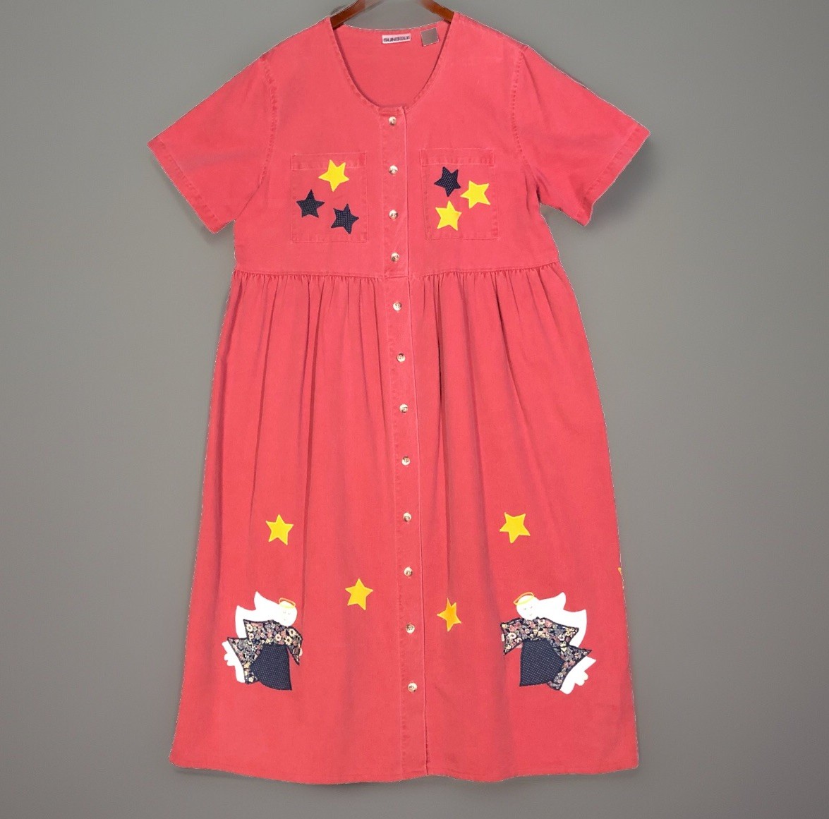 VTG Sunbelt Shirt Dress Womens XL Red Angel Star Applique Button Up USA Cotton
