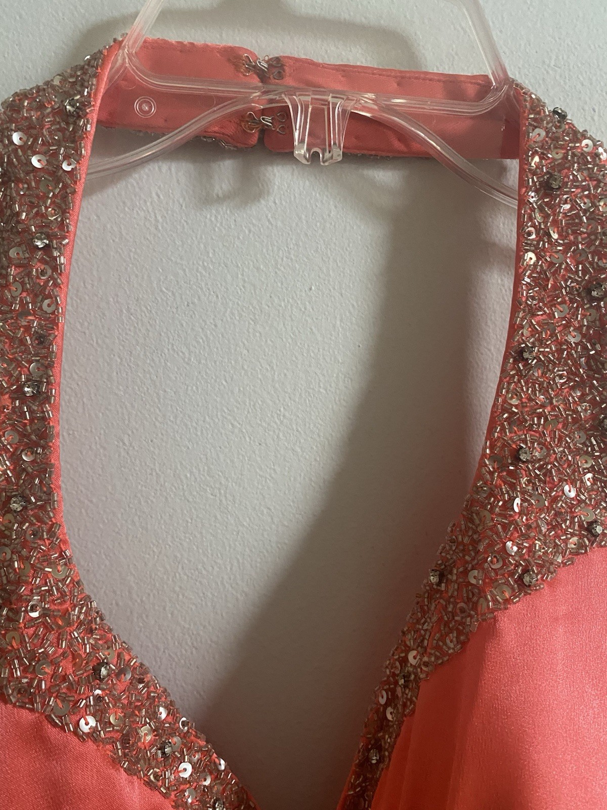 Cassandra Stone Coral Beaded Sequin Halter Gown Dress Satin Maxi Size 4