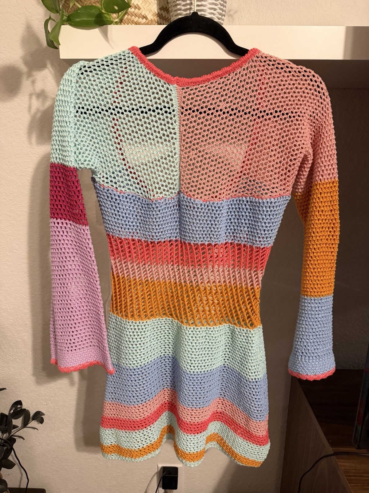 Multicolor Striped Open Knit Square Neck Long Sleeve Sweater Mini Dress Size M