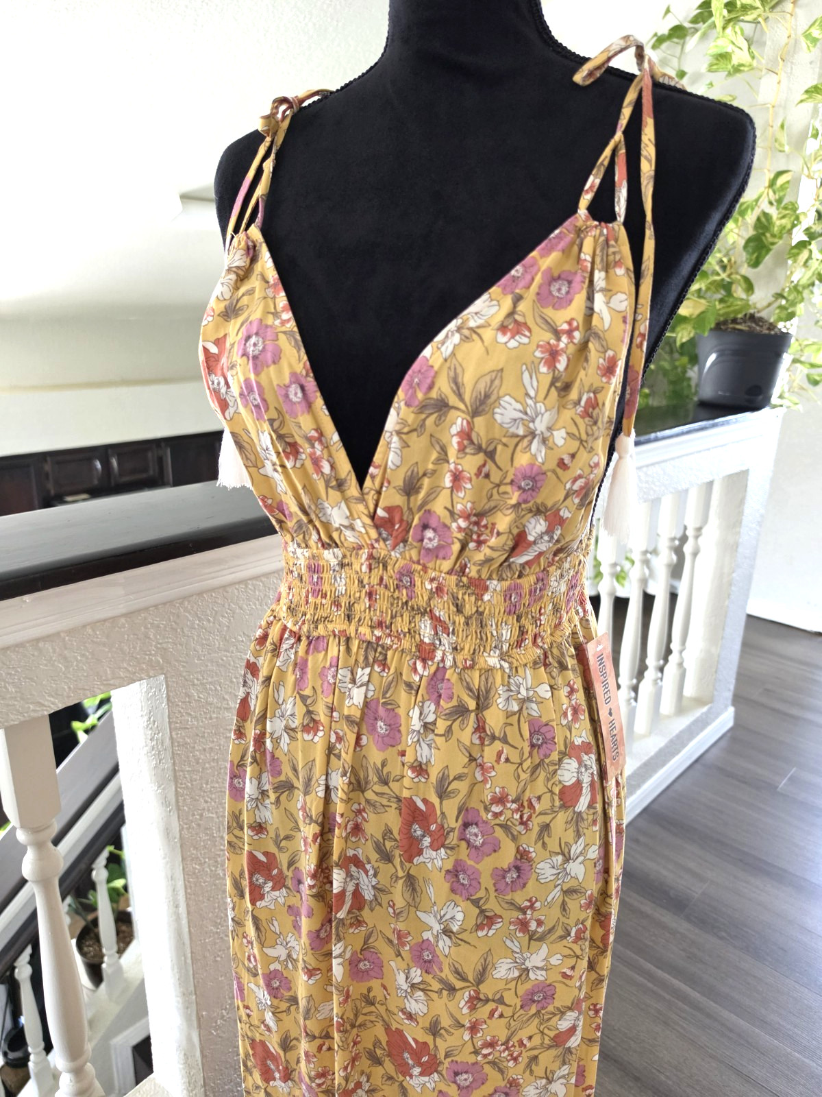 Inspired Hearts Yellow Floral V-Neck Tassel Tie Strappy Maxi Dress Womens L