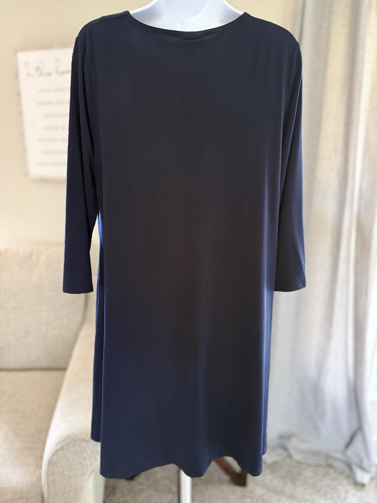 Nina Leonard Navy/Gold Knit Shift Dress L 3/4 Sleeve Round Neck Buckle Stretch