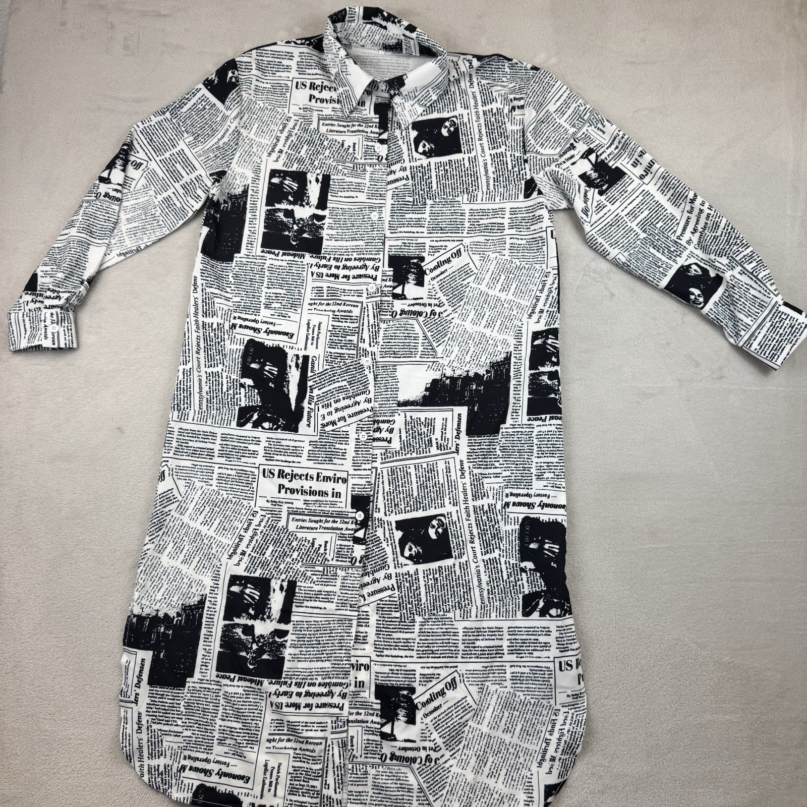 Vintage Newspaper Print Longline Button Down Shirt Dress White Black