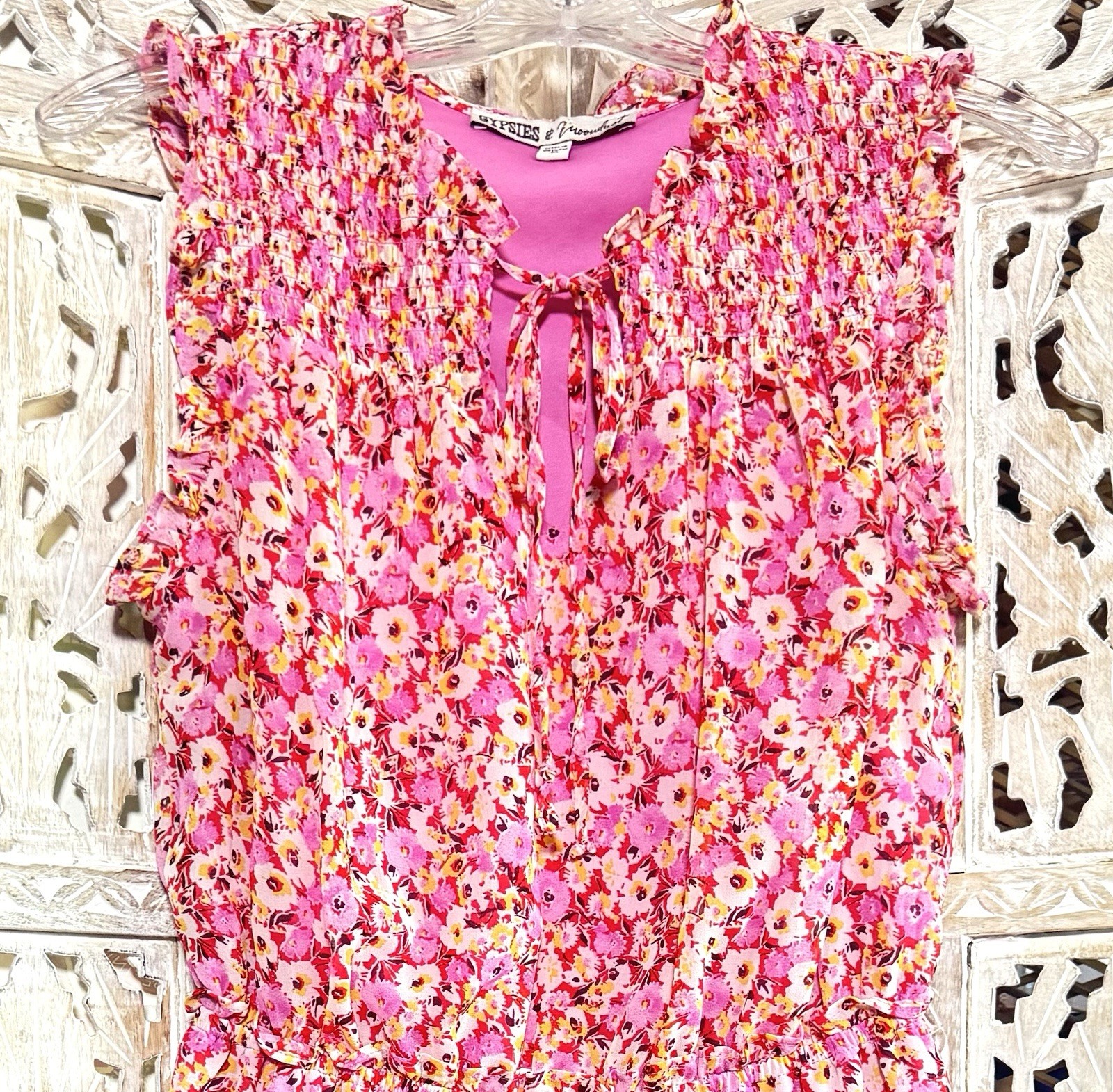 🌺 Gypsies & Moondust 🌸 Sleeveless Pink Floral Summer Dress SZ M Lined