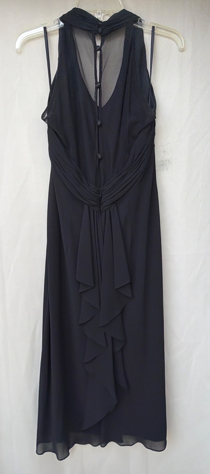 Black Sleeveless Chiffon Dress With Sheer Back & Tiered Ruffle Accent Mid-Length