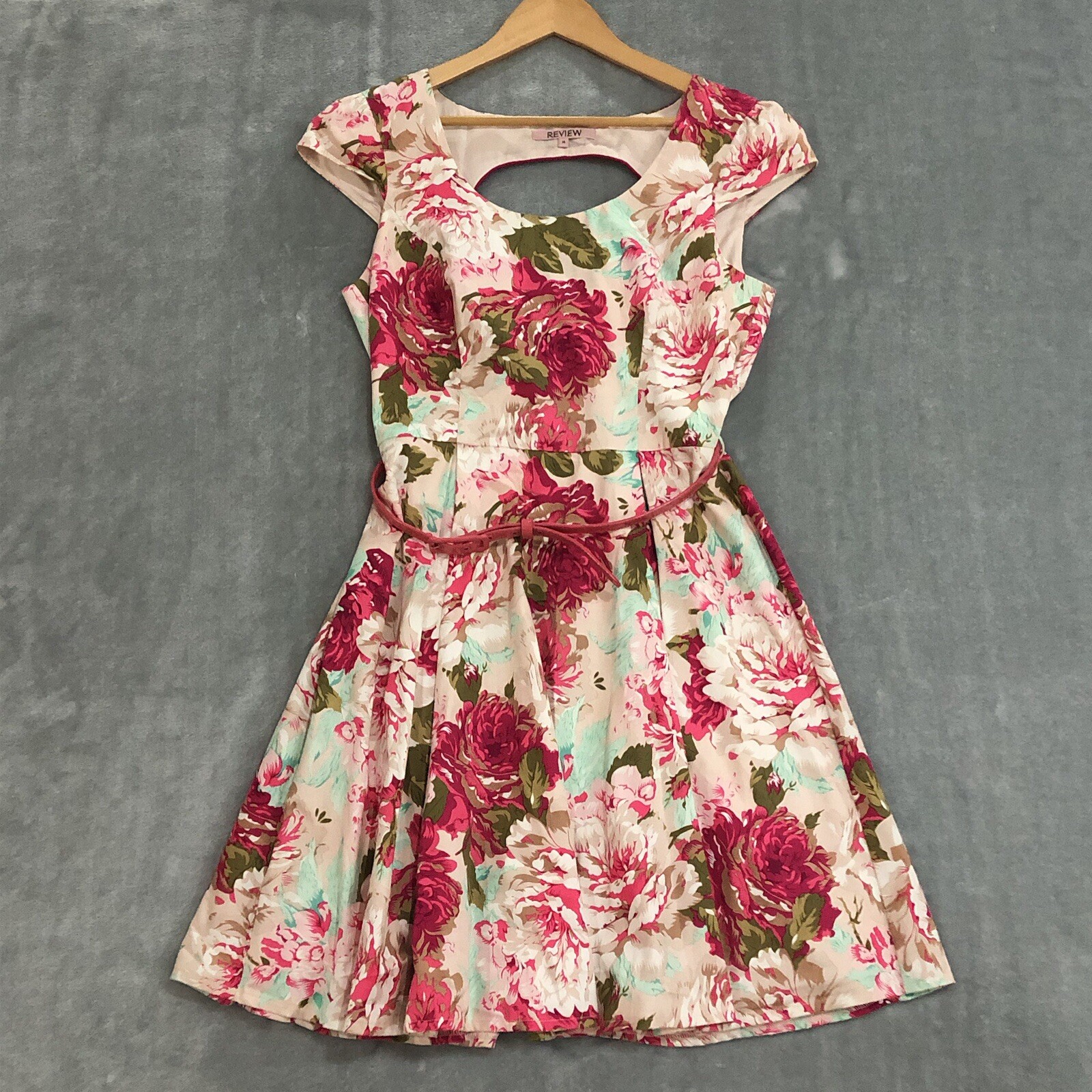 Review Australia Dress Womens 14 Cream Pink Floral Belted Cocktail Fit & Flare