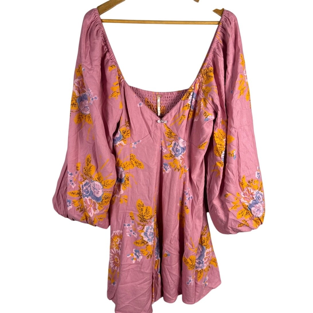 Free People Francesca Floral Puff Long Sleeves Mini Dress Rose Pink Size Large