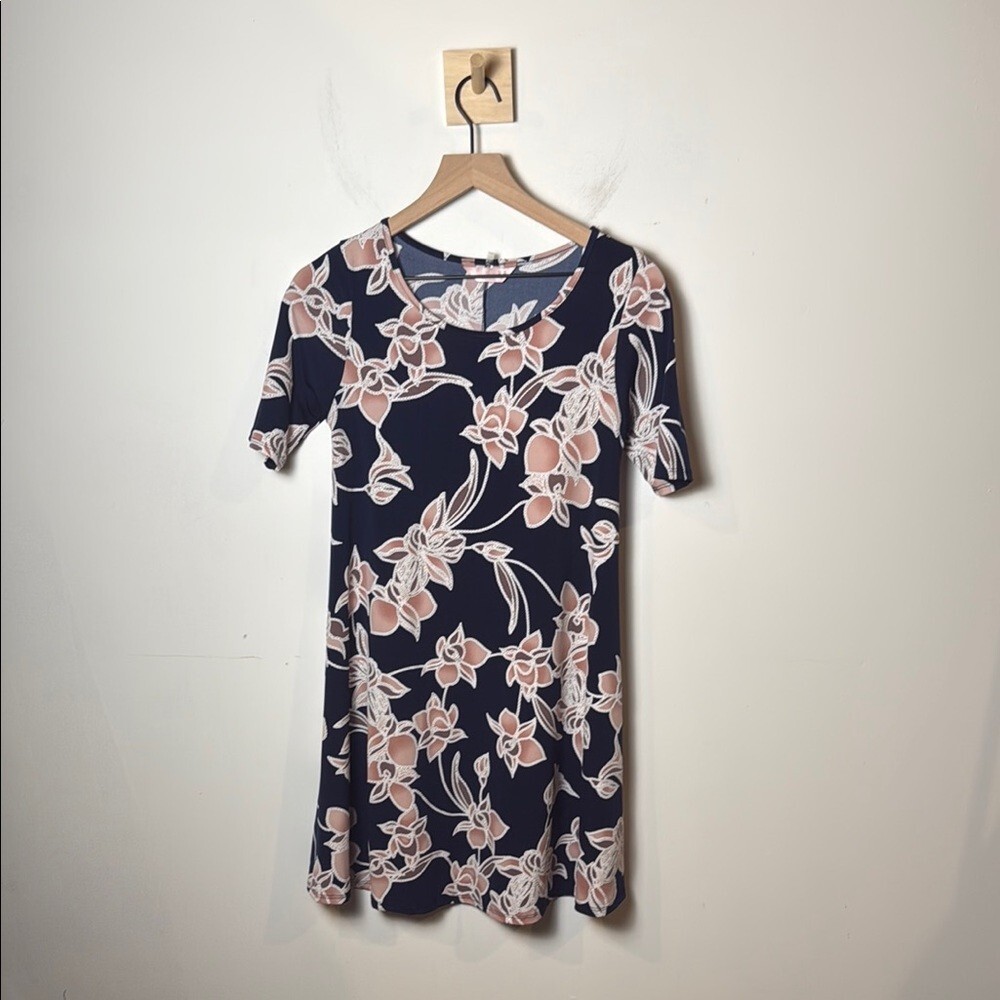 SJS Floral Shift Dress Blue Pink Stretch Casual Women’s size S