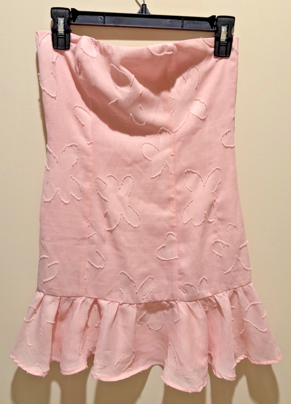 Peppermayo size 2 pink floral embroidered dress with ruffle hem strapless