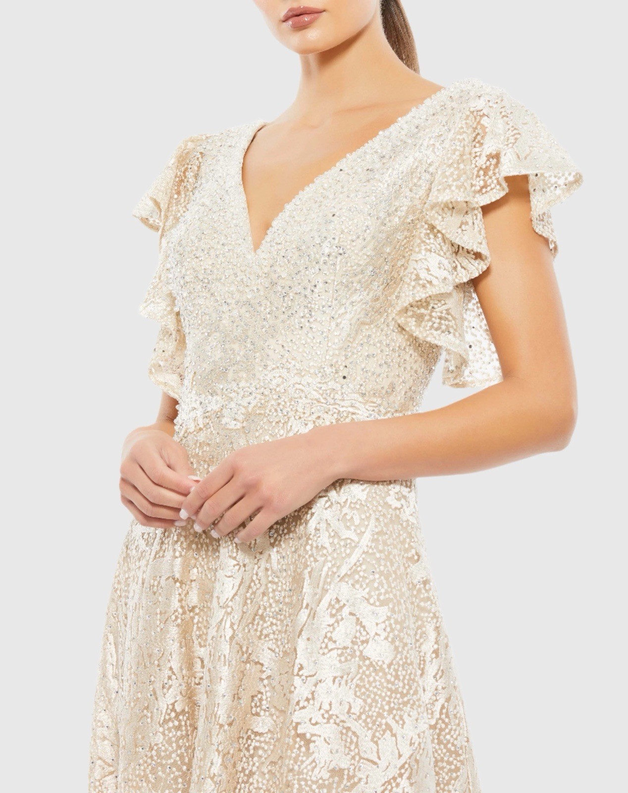 Mac Duggal Size 16 Ivory Nude Embellished Flutter Sleeve Lace A-Line Gown $798
