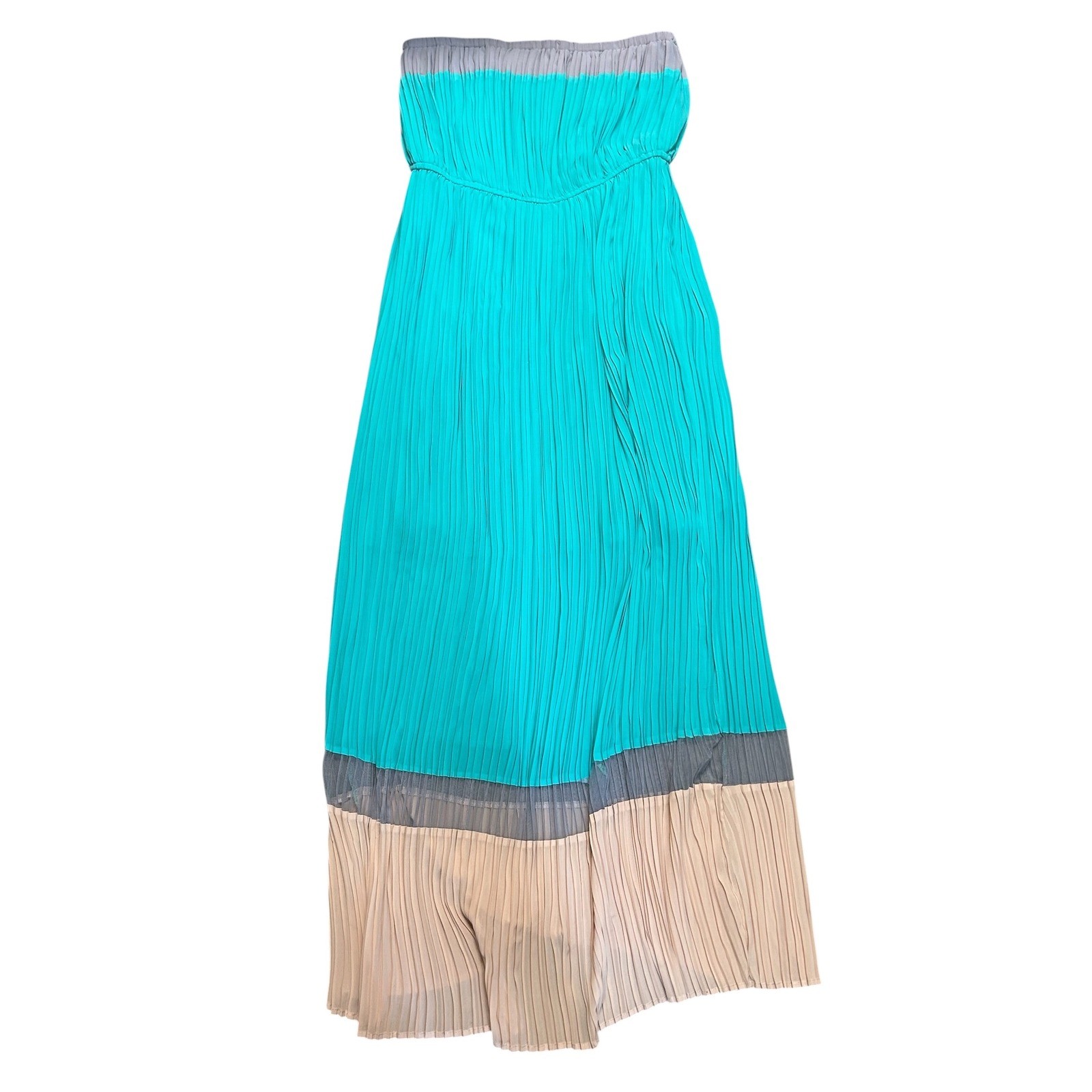 Romeo & Juliet Couture Pleated Strapless Maxi Dress Teal Grey Tan Large