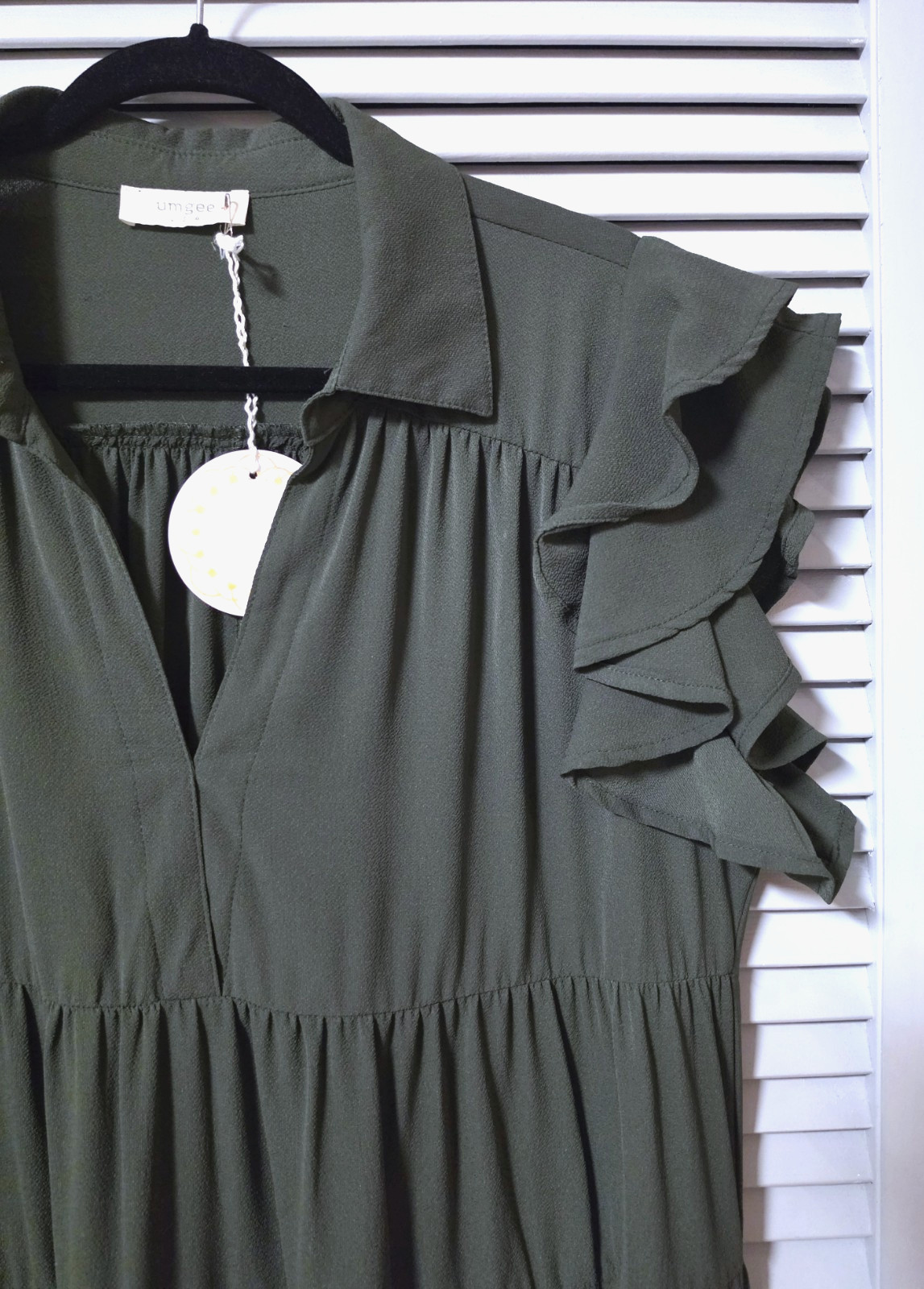 Dk green ruffle shoulder collar tiered long dress 1XL