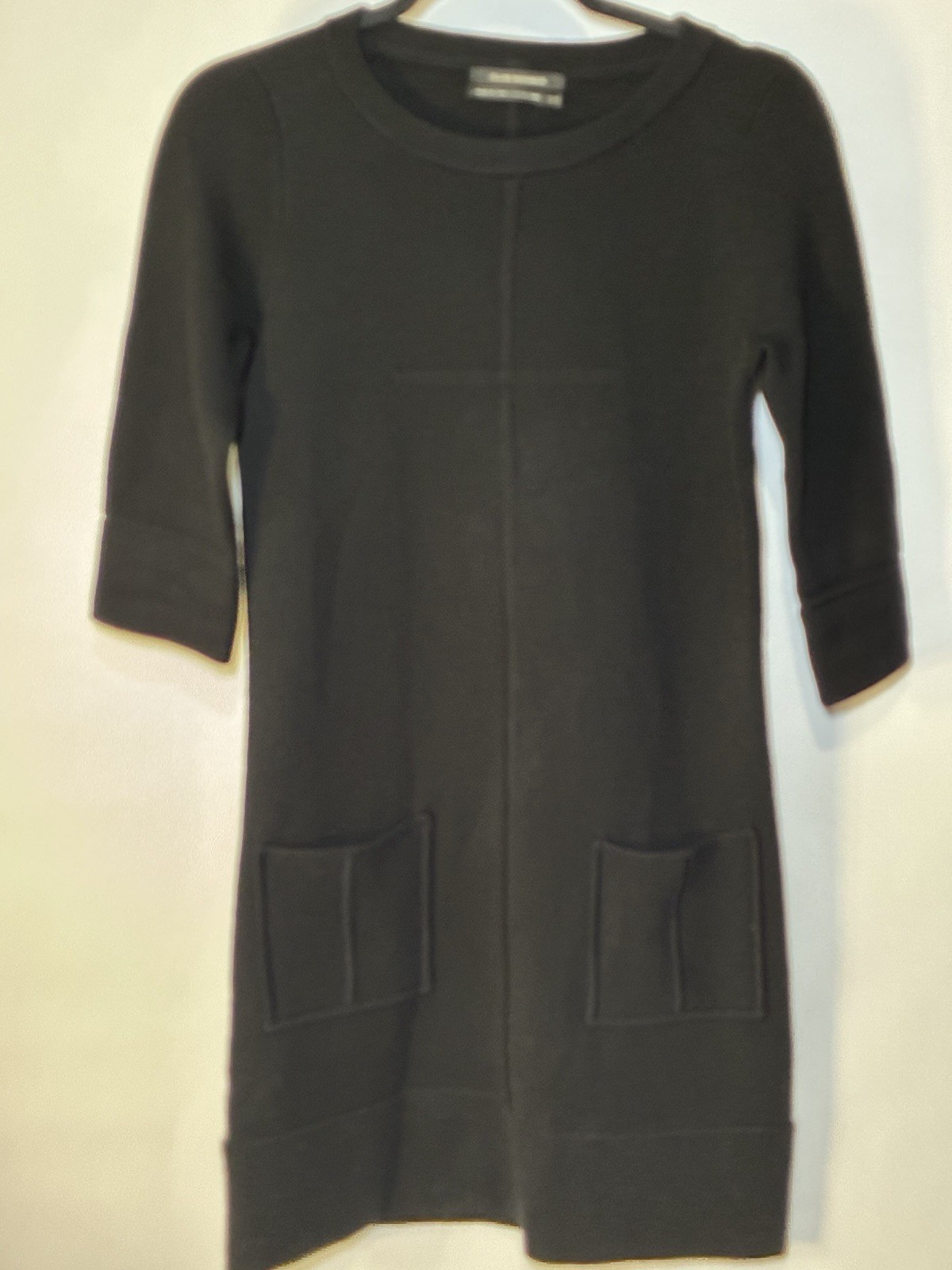 Club Monaco Black Knit Shift Dress Crew Neck 3/4 Sleeve Short Pockets S/P