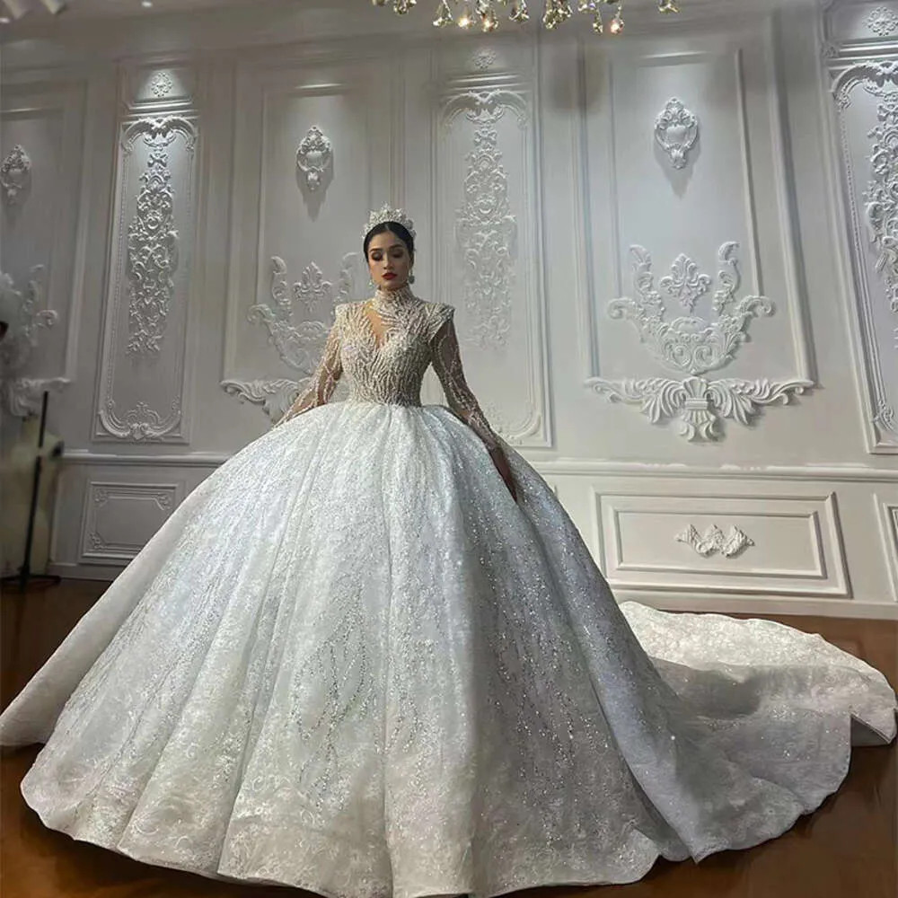 High Neck Long Sleeve Sparkly Lace Ball Gown Wedding Dress With Detachable Train