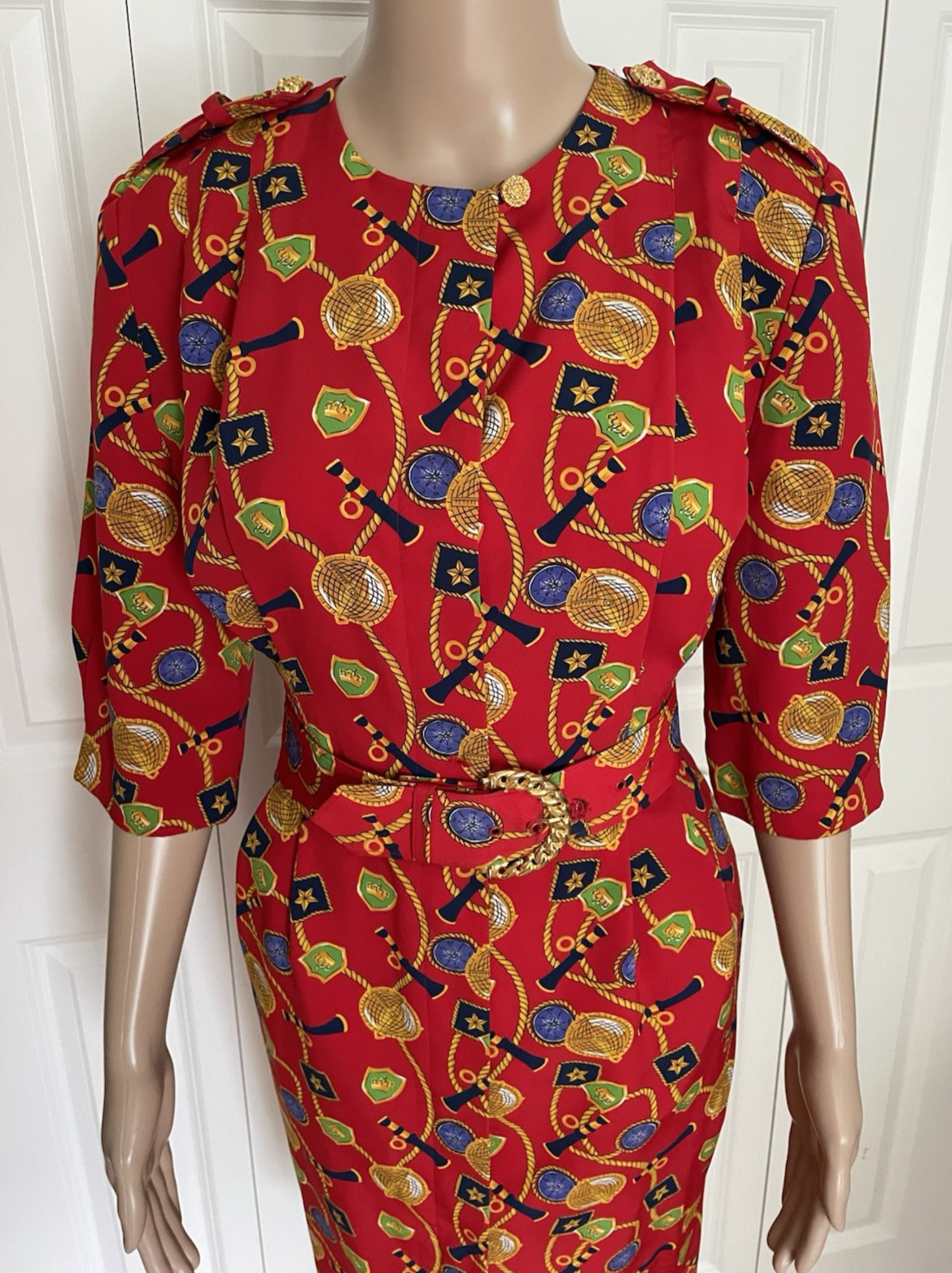 Vintage 80s MS Chaus 8P Red Colorful Nautical Shoulder Epaulets Belted Dress