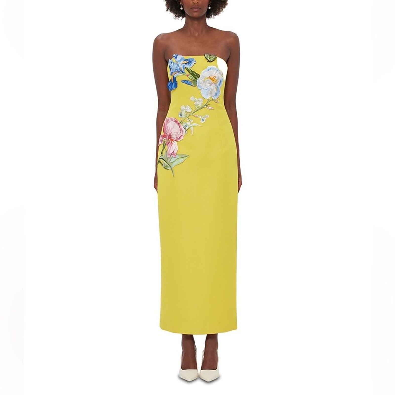 Leo Lin Rayna Floral Appliqué Bustier Maxi Dress Yellow Strapless Luxury US 2