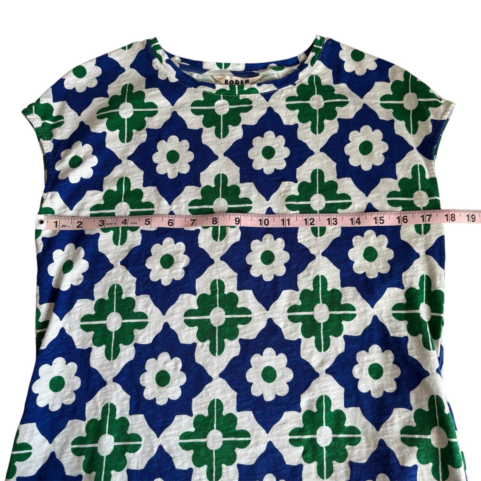 Boden Leah Green and Blue Geometric Pattern Jersey T-Shirt Dress Women’s Size 6