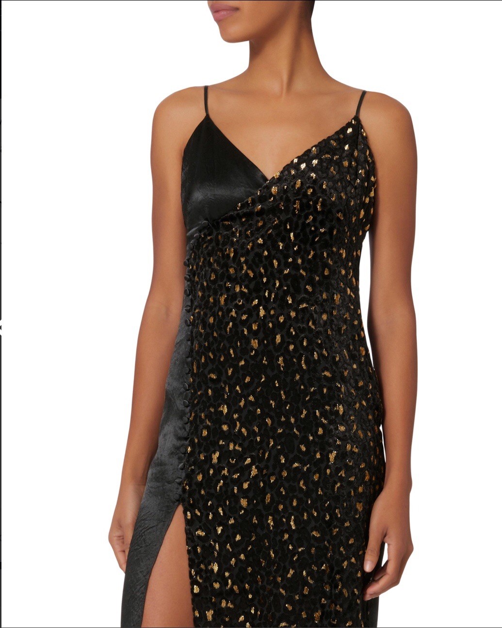 INTERMIX Ava Slip Velvet Black/Gold Leopard Print Midi Slip Dress with Slit Sz.0