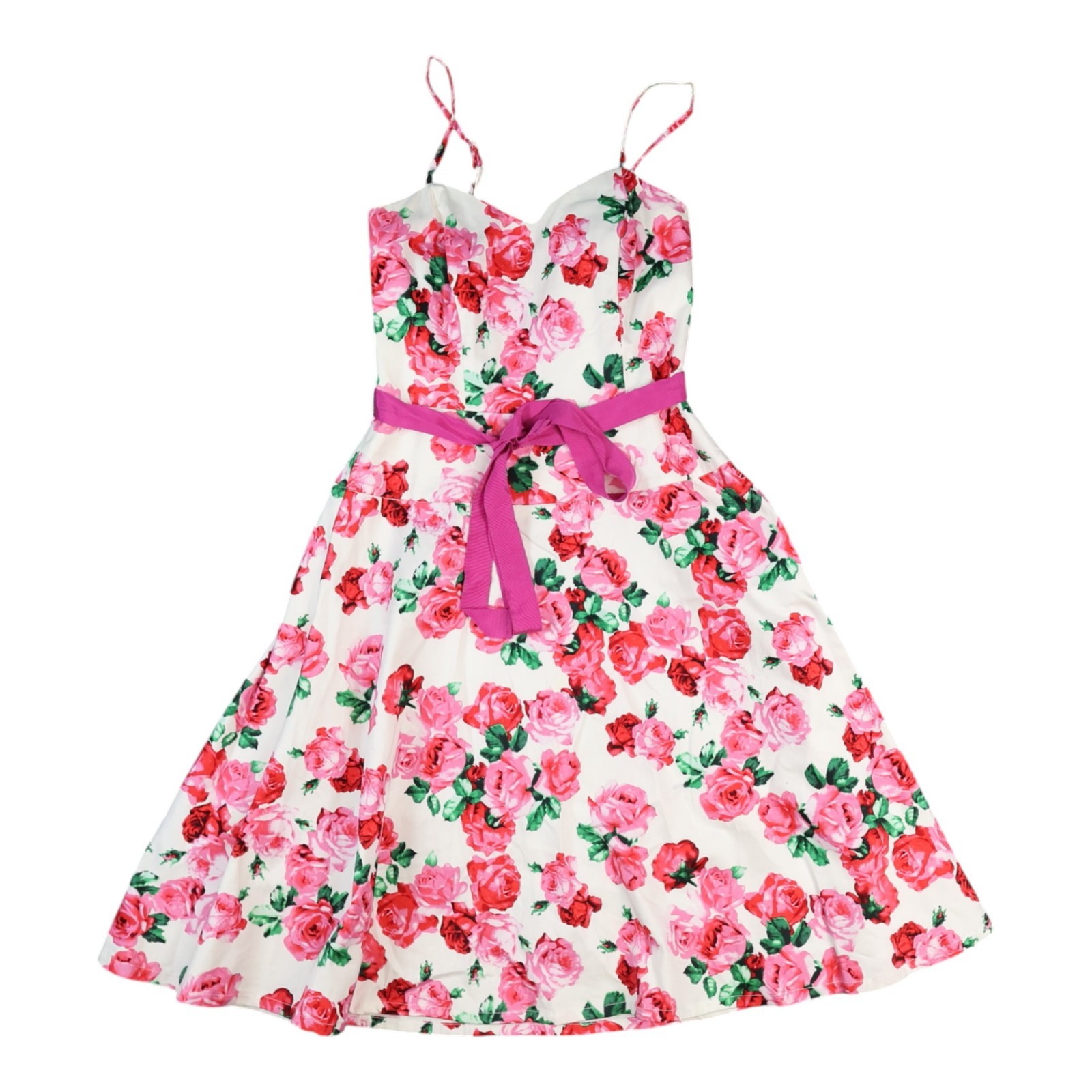 Review dress women 8 Pink floral print sleeveless A-Line string waist tie Size 8