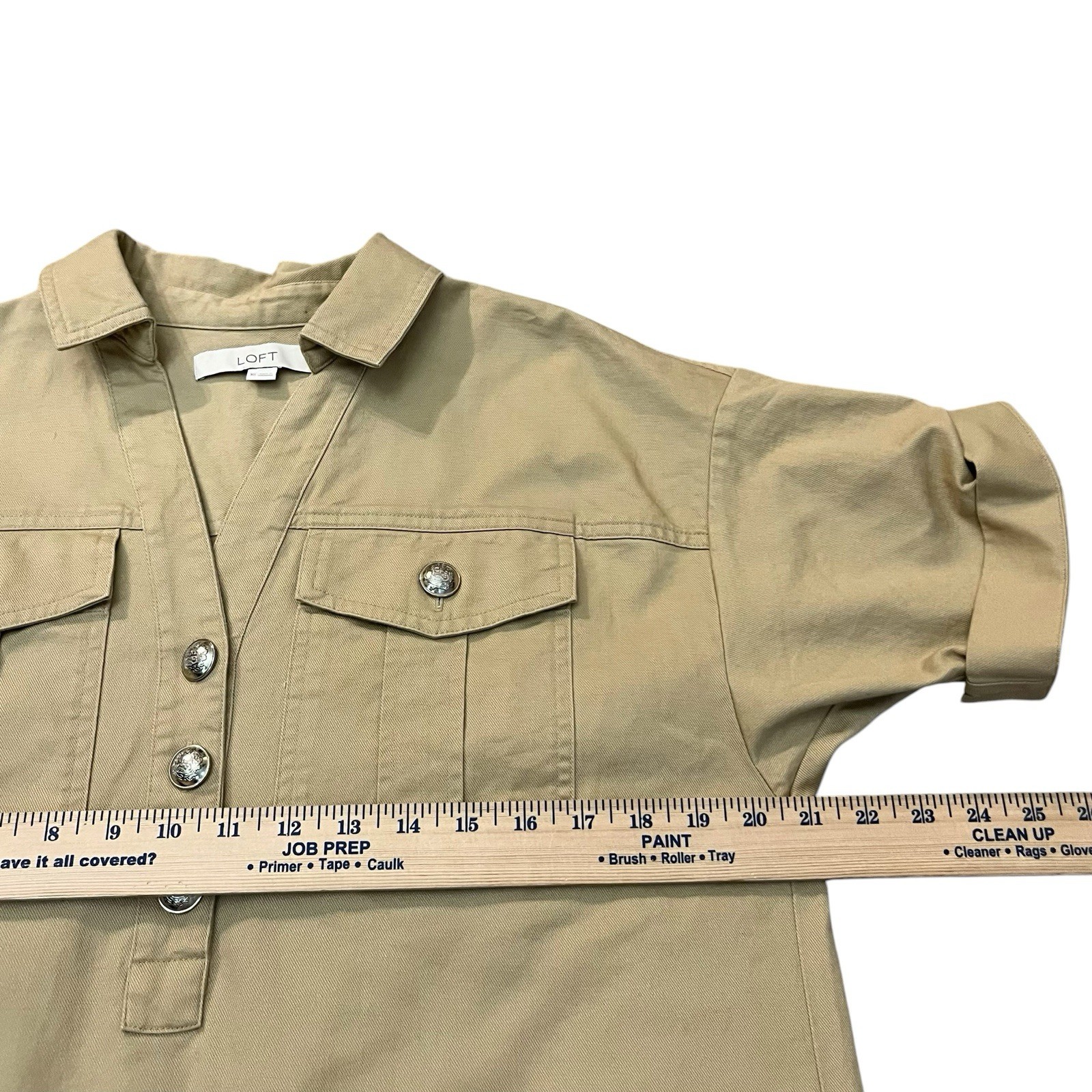 Loft Twill Patch Pocket Mini Dress XS Tan Shift Safari Preppy Military Button