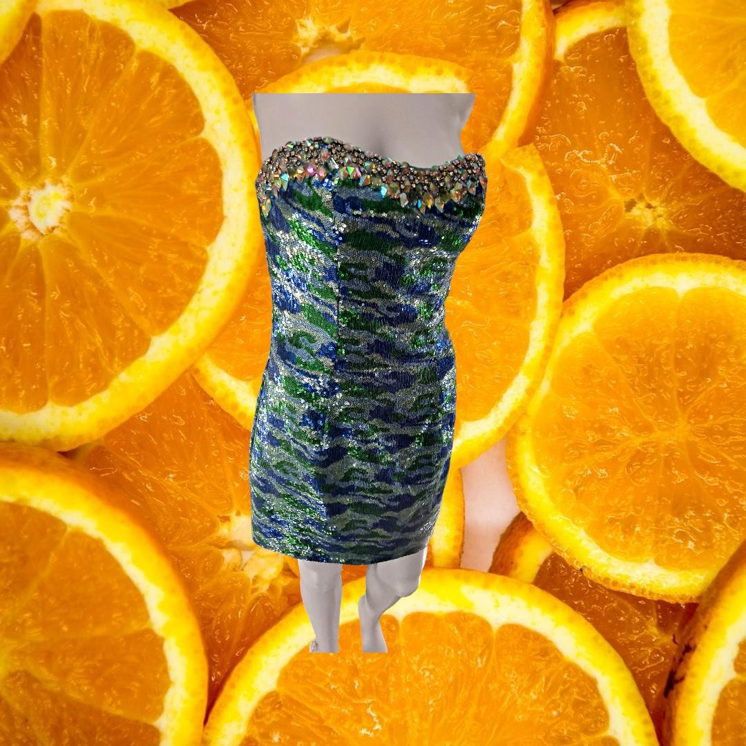 Partytime Green, Blue and Silver Sequin Strapless Dress Size 8