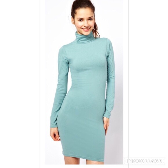 American Apparel Turtleneck Long Sleeve Mini Dress Green Bodycon Indie Sleaze