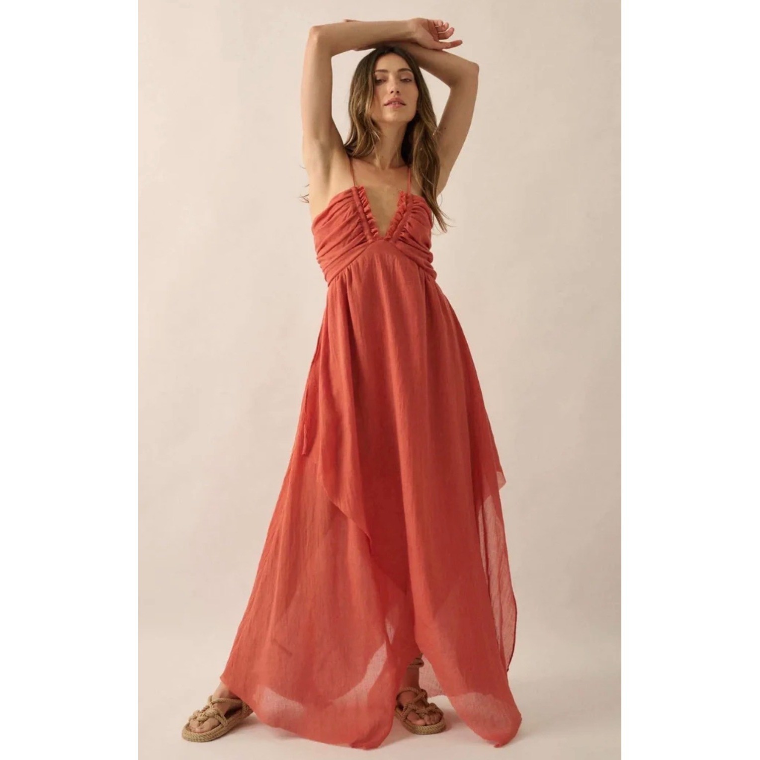 Promesa Floating on Air Layered Gauze Halter Maxi Dress Womens Sz L Rust Beachy