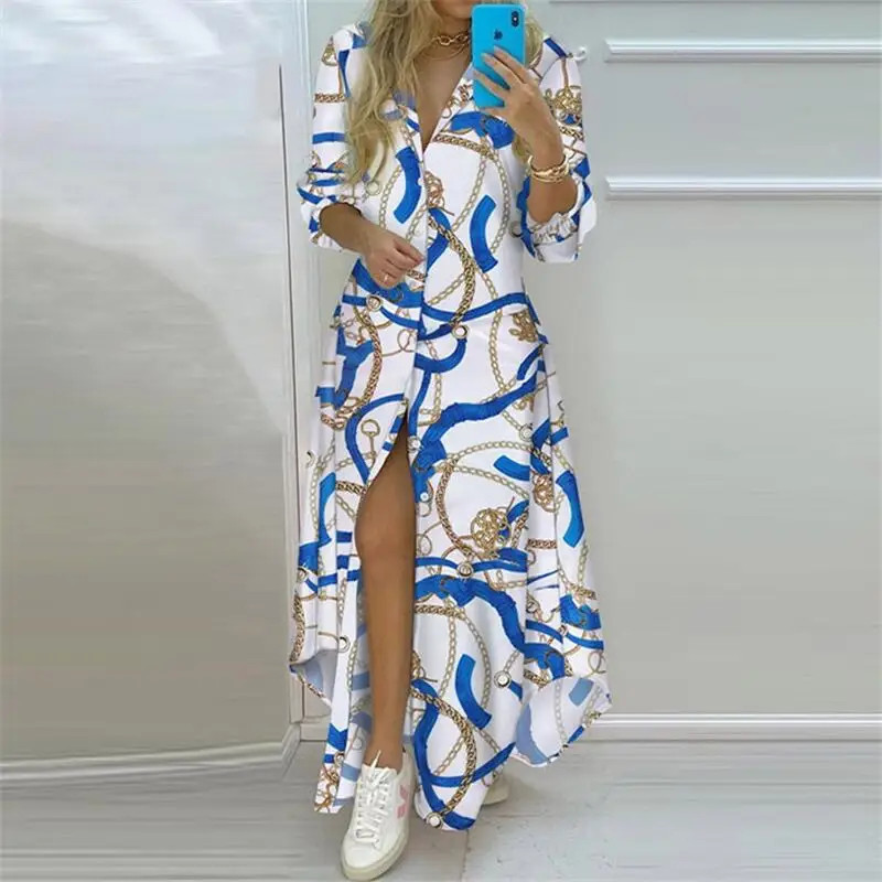Summer Women Boho Printed Long Shirts Elegant Dress Turn-down Collar Long Sleeve