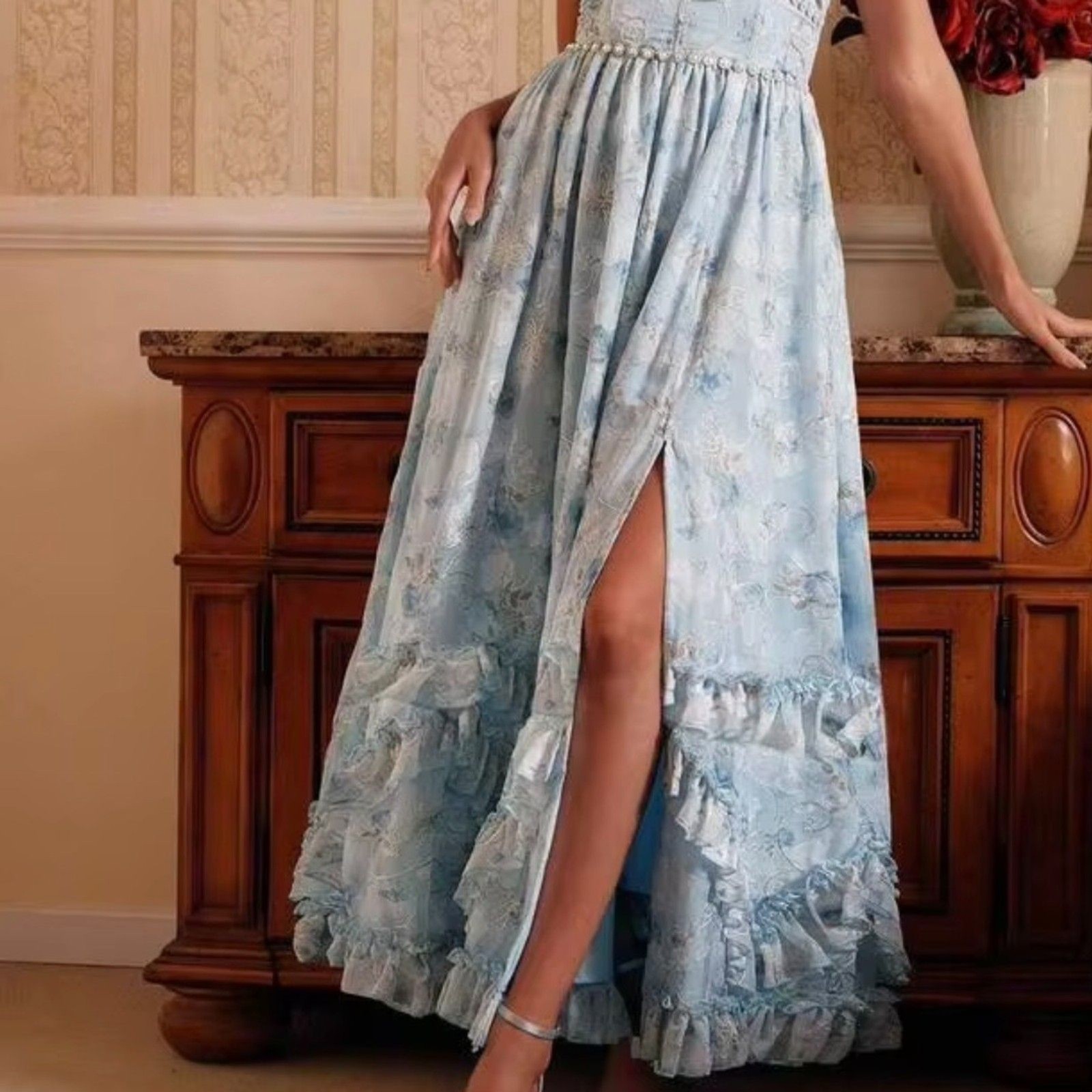 Anewsta Blue Floral Halter Maxi Dress Ruffle Lined Empire Waist NWT