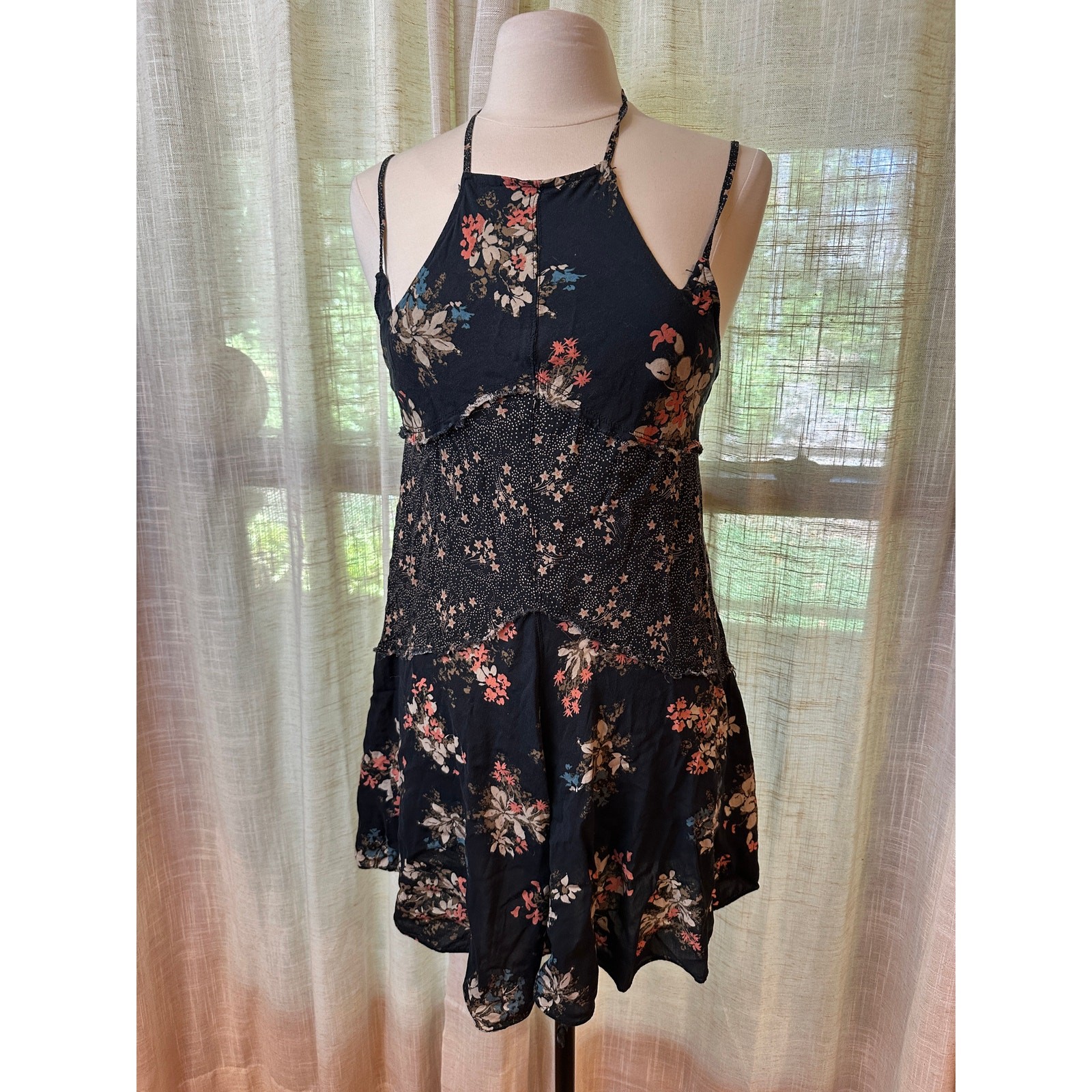 Free People Intimately Floral Halter Mini Dress XS Black Boho Ruffle Hem