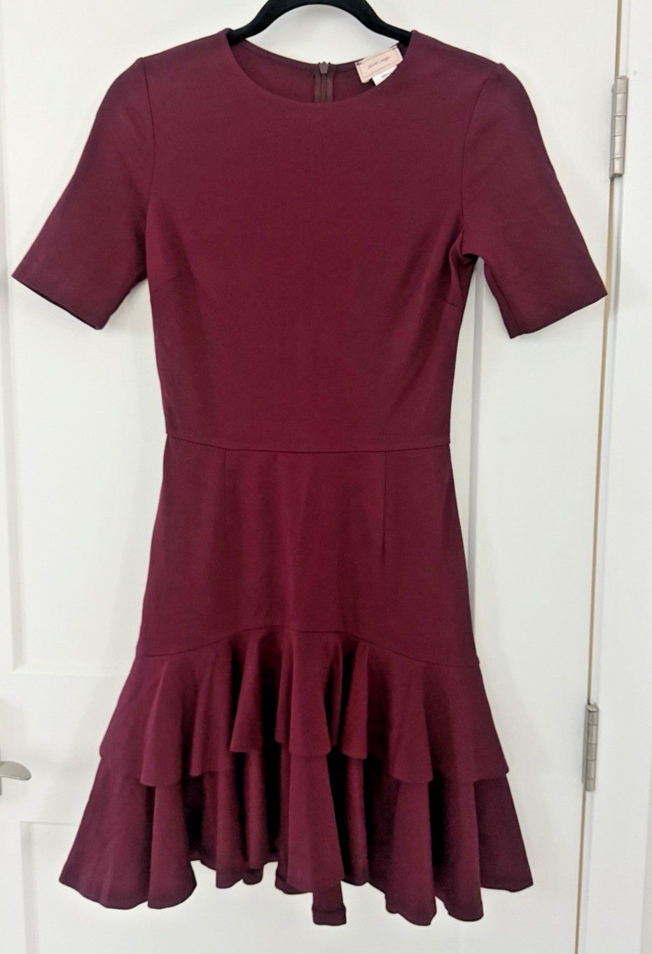 Love…Ady Women Short Sleeve Fit & Flare Ruffle Hem Dress Elegant Burgundy Sm