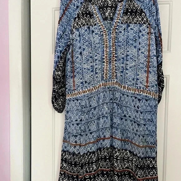 NIC+ZOE Blue Graphic 3/4 Sleeve Lightweight Tunic Dress Tribal Print Extra Small