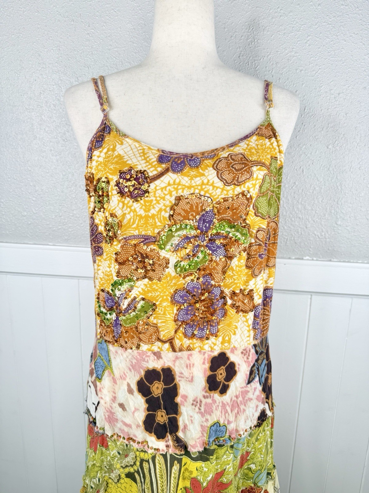 Alberto Makali Patchwork Dress Womens 14 Beaded Sequin Boho Artsy Hippie y2k