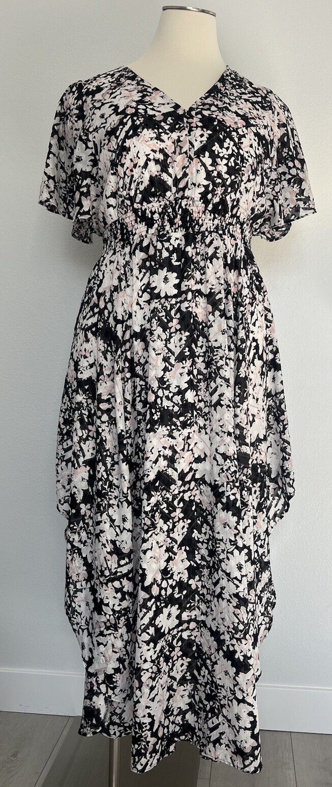 EXPRESS Floral Gold Lamé Fairycore Whimsical Maxi Dress Size XL Black White Pink