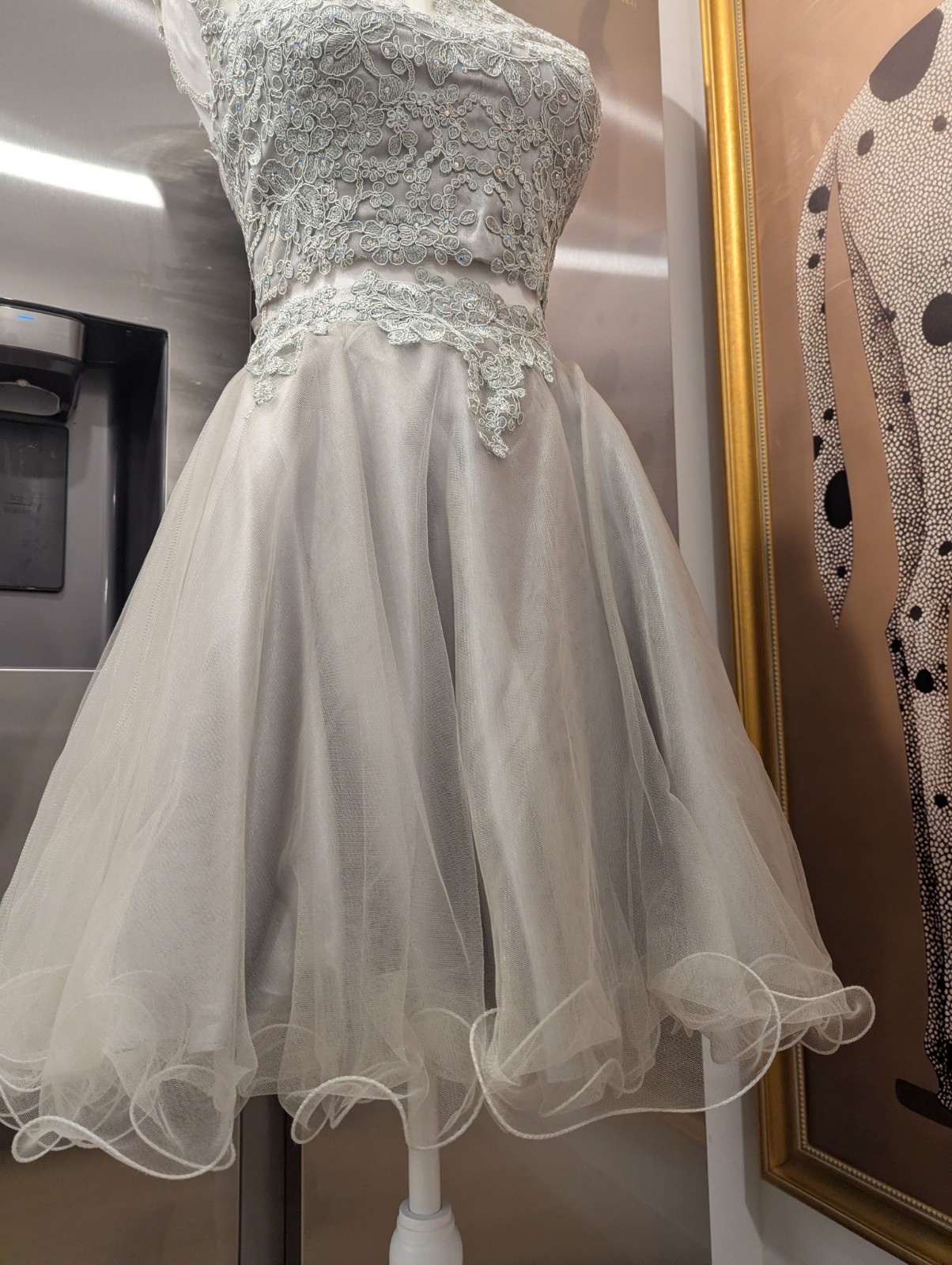 May Queen Size 12 Gray Beaded Embroidered Tulle V-Neck A-Line Knee Dress