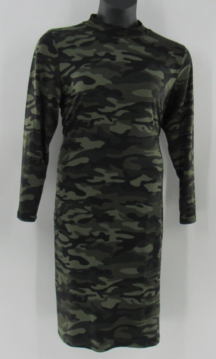 Plus Size Women’s Black & Green Army Camo Long- Sleeved Knee Length Dress 3X New