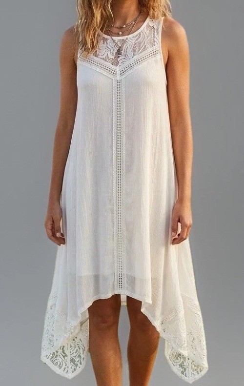 J Gee Dress Womens L White Gauze High Lo Ruffle Midi Festival Lace Crochet Fairy