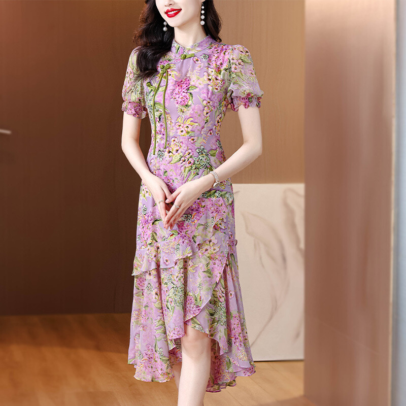 Chinese Style Cheongsam Dress Women Stand Up Collar Ruffle Chiffon Floral Dress