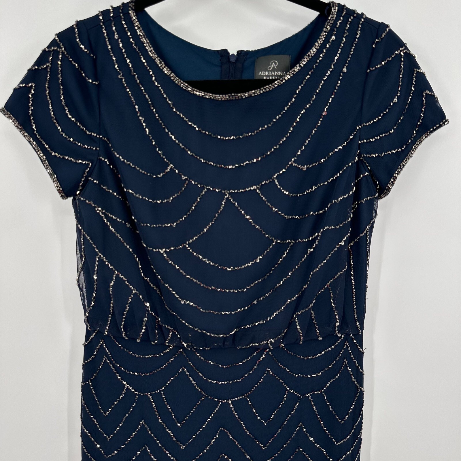 Adrianna Papell Blouson Gown Women’s Sz 6 Blue Beaded Short Sleeve Back Zipper